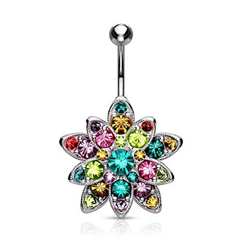 Body Accentz Belly Button Ring Colorful Crystals Paved Large Flower Navel Ring