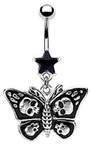 Body Accentz Belly Button Ring 14g Star CZ/Gothic Butterfly with Skull Navel Ring Moth