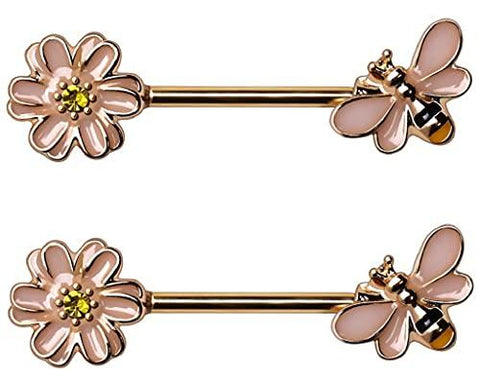Body Accentz Nipple Ring Gold Plated Pink Bee and Flower Nipple Bar