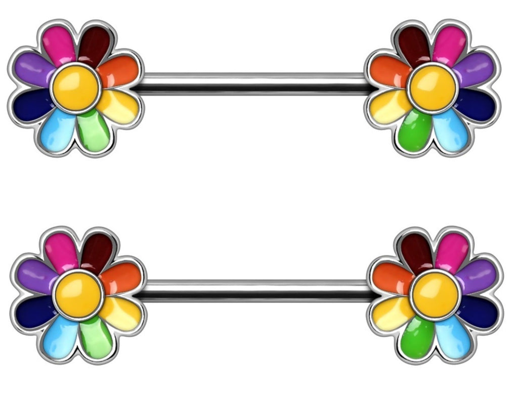 Body Accentz Nipple Ring Barbell 316L Stainless Steel Rainbow Flower Nipple Bar