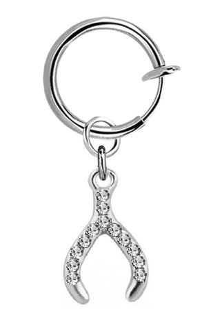 Body Accentz Belly Button Ring Cheater Fake Clip with a Dangling Charm Non Pierce (Silvertone CZ Wishbone)