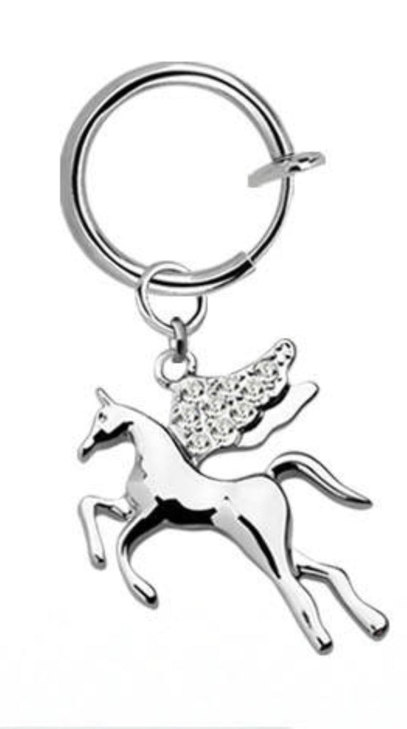 Body Accentz Belly Button Ring Cheater Fake Clip with a Dangling Charm Non Pierce (Silvertone Pegas Horse cr)