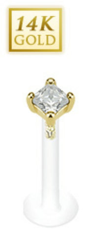 Body Accentz? 14 Karat Solid Yellow Gold Square Princess Cut CZ Prong Set...