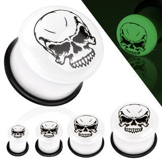 Earrings Glow in the Dark Skull Logo Inlay Dome Top Single Flared Acrylic Plug with O-Ring