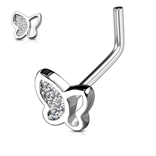 Nose Ring 20g Hollow Half Paved CZ Butterfly 316L Surgical Steel L Bend Stud [Clear] - Clear