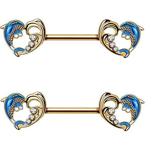 Body Accentz Nipple Rings Gold Plated Heart Dolphin Wave Nipple Bar