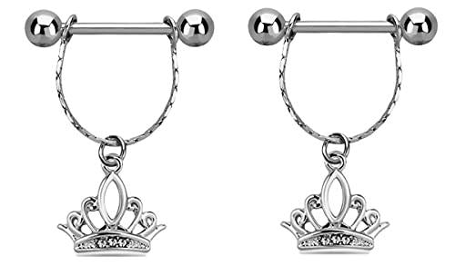 Body Accentz 316L Surgical Steel Barbell for The Nipple 14g/1.6mm with 5mm Balls and a Small Chain with a gemmed Crown Dangling Part