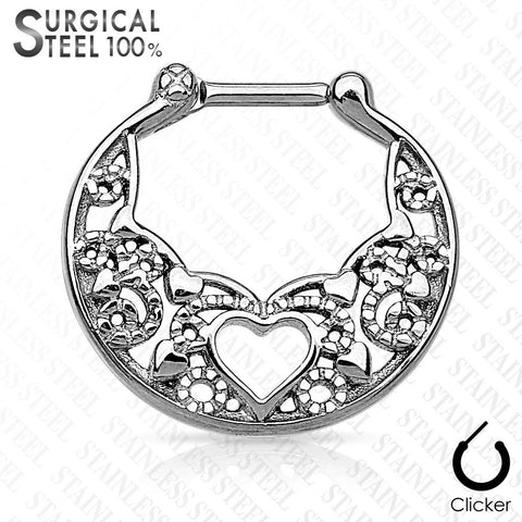 Septum Heart Laced All 316L Surgical Steel Septum Clicker 16g