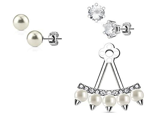 Body Accentz 2 pcs Lined CZ Fan with Pearls Add On Earring/Cartilage Barbell Jacket 2prs Earring Studs