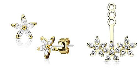 Body Accentz 2pcs 3 CZ Flowers Earring Jacket/Cartilage Stud Add on Dangle 1 Pair of Stud Earrings