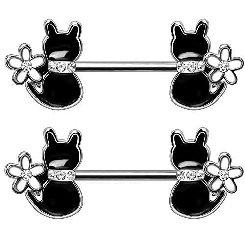 Body Accentz Nipple Ring 316L Stainless Steel Black Cat with Flower Nipple Bar