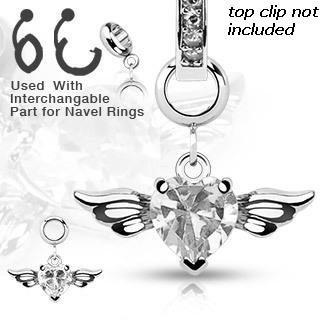 Add-On CZ Gem Angel Wing Heart Charm for Navel Rings, Dermal Anchors Labret cz top not included