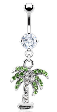 Belly Button Ring CZ Pave Gem Palm Tree 14GA 316L Surgical Steel Navel