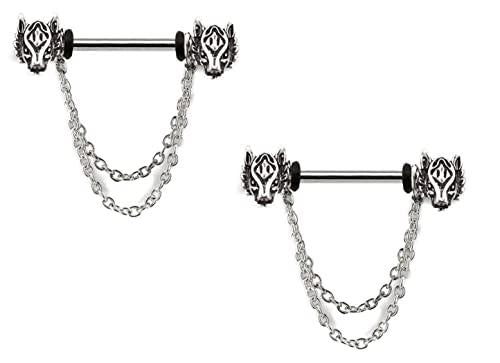 Body Accentz Nipple bar Ring Wolf Head with Chain 316L Surgical Steel 14 Gauge (1.6mm) 9/16'' (14mm) Pair