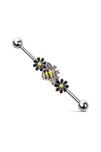 Body Accentz 14G Stainless Steel Helix Cartilage Earring Bumble Bee Flower Blossom Industrial Barbell 1 1/2''