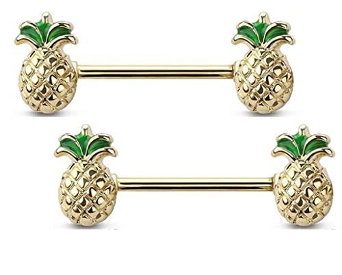 14g Golden Pineapple Ends Nipple Ring Bar 1.6mm Nipple Piercing Barbell