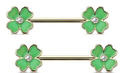 Nipple Ring Double Four Leaf Clover bar Body Jewelry Sold as Pair 14g bar