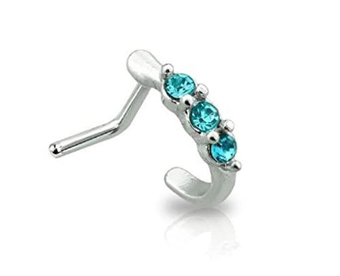 Body Accentz 20G Surgical Steel Triple Linear Gem Ball Round CZ Nose Stud Rings L Shaped Piercing Jewelry (Turquoise)