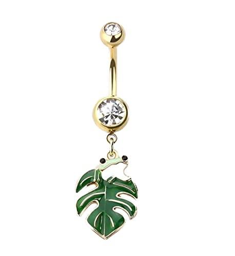 Body Accentz 14G 316L Stainless Steel Navel Ring Piercing Frog on a Green Leaf Belly Button Ring