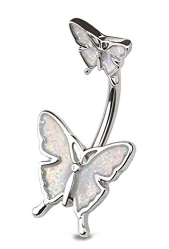 Body Accentz Womens 316L Stainless Steel Navel Ring Glitter Butterfly Double Mount Belly Button Ring