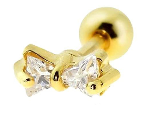 Body Accentz 16g 1/4 Cartilage Earring Stud CZ Cute Bow Tie Ribbon Barbell Helix Tragus Lobe Auricle Surgical Steel (Goldtone)