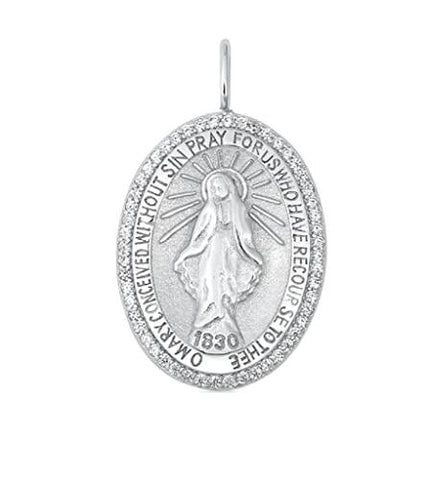 .925 Sterling Silver CZ Pendant - Mother Mary Medal Pray for us