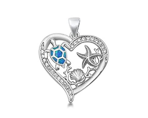 Sterling Silver Silver Lab Opal Pendant - Heart Starfish Salt Sea Life Turtle Shell Star Fish