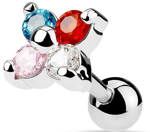 Surgical Steel Flower Quad CZ Tragus/Cartilage Piercing Stud 16g 5mm  1/4" - multi