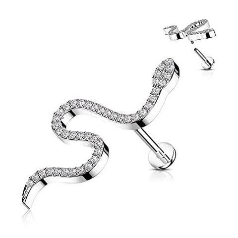 Body Accentz CZ Paved Snake Top on Internally Threaded 316L Surgical Steel Flat Back Stud for Labret, Monroe, Cartilage and More (Silvertone lg)