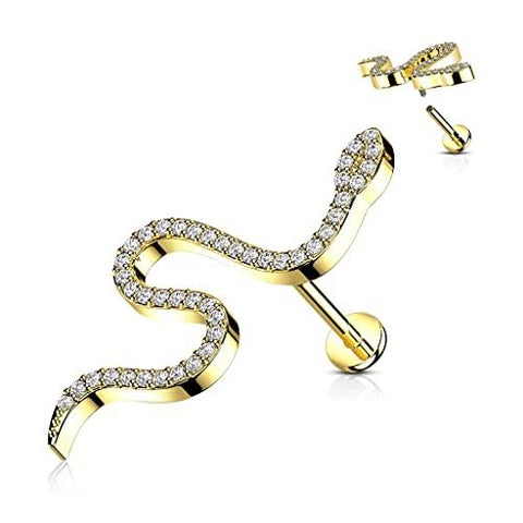 Body Accentz CZ Paved Snake Top on Internally Threaded 316L Surgical Steel Flat Back Stud for Labret, Monroe, Cartilage and More