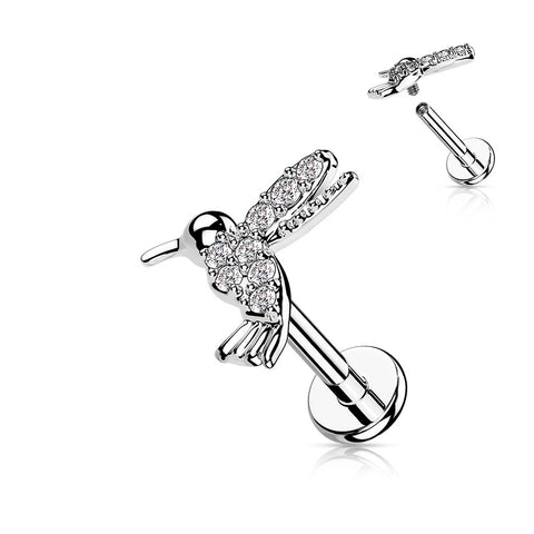 Body Accentz CZ Paved Hummingbird Top on Internally Threaded 316L Surgical Steel Flat Back Stud for Labret, Monroe, Cartilage and More (Silvertone)