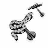 Body Accentz CZ Paved Snake Top on Internally Threaded 316L Surgical Steel Flat