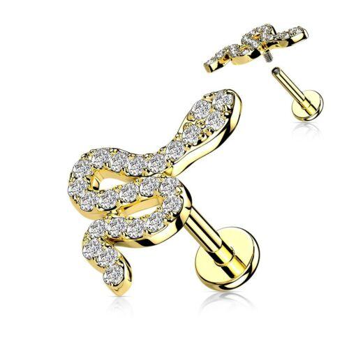 Body Accentz CZ Paved Snake Top on Internally Threaded 316L Surgical Steel Flat