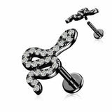 Body Accentz CZ Paved Snake Top on Internally Threaded 316L Surgical Steel Flat