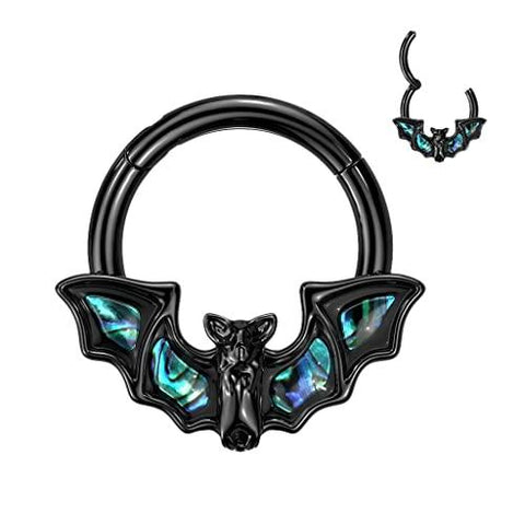 Body Accentz 316L Surgical Steel Hinged Segment Ring with Bat and Abalone Shell Wings Septum Cartilage Helix Daith Tragus (Black)