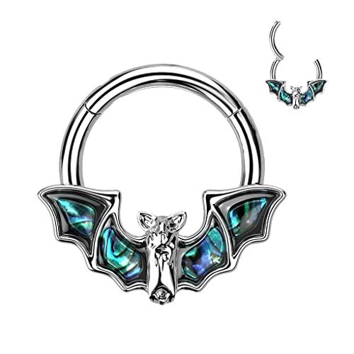 Body Accentz 316L Surgical Steel Hinged Segment Ring with Bat and Abalone Shell Wings Septum Cartilage Helix Daith Tragus (Silvwertone)