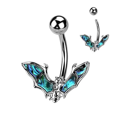 Belly Button Ring Bat with Abalone Shell Wings 316L Surgical Steel Navel (Black)