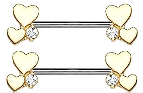 Nipple Rings Cluster Hearts 316L Sugical Steel Barbell 14 gauge 9/16'' (Goldtone)