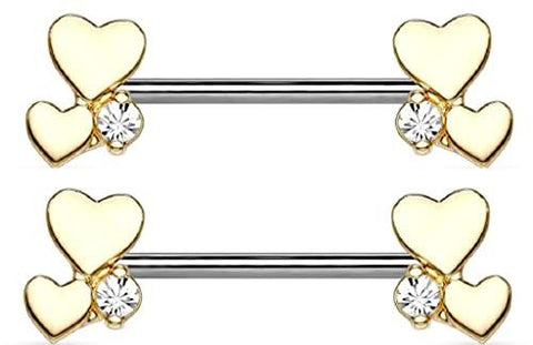 Nipple Rings Cluster Hearts 316L Sugical Steel Barbell 14 gauge 9/16'' (Goldtone)