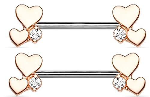 Nipple Rings Cluster Hearts 316L Sugical Steel Barbell 14 gauge 9/16'' (Rose Goldtone)