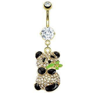 Body Accentz Belly Button Ring Gold IP Over 316L Surgical Steel CZ Paved Gold IP Panda Holding Bamboo Gem 14 Gauge 3/8''
