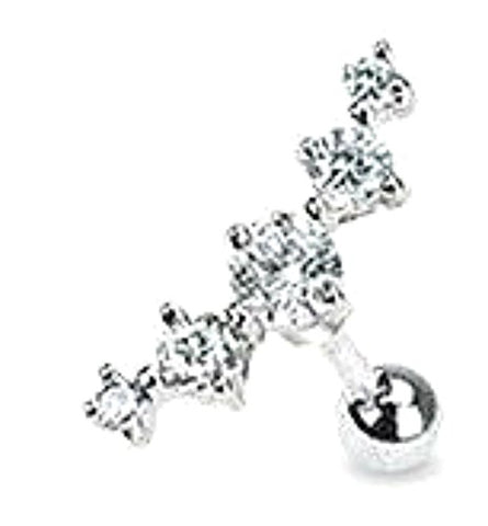 316L Surgical Steel Journey Curve 5 Gems Tragus/Cartilage Piercing stud 6g 1/4" (clear)