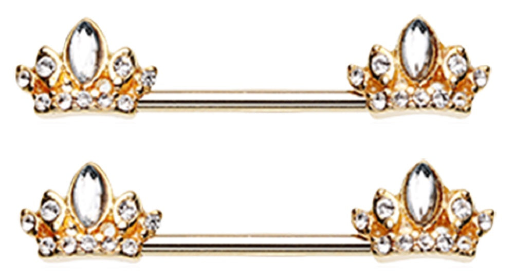 Nipple Bar Golden Tiara Crown Sparkle Barbell Ring Sold as pair