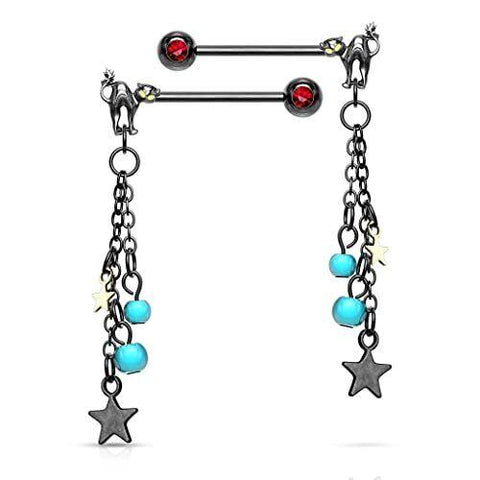 Nipple rings Pair of Cat with Turquoise Beads and Star Dangle with Red Gemmed Set End 316L Surgical Steel Barbell Bar