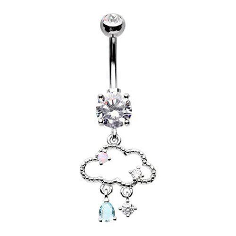 Belly Button Ring Only Happy When It Rains Cubic Zirconia Storm Cloud Raindrops