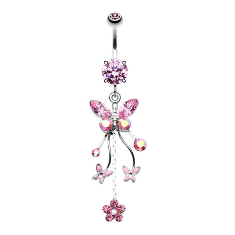 Belly Button Ring Navel gem and a crystal Butterfly flower dangling