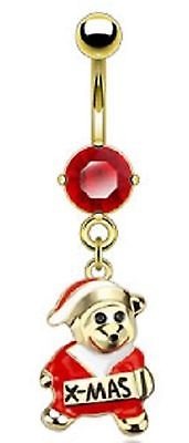 Belly Button Ring  Steel Gold Plated Enamel Santa Bear Christmas Navel Ring