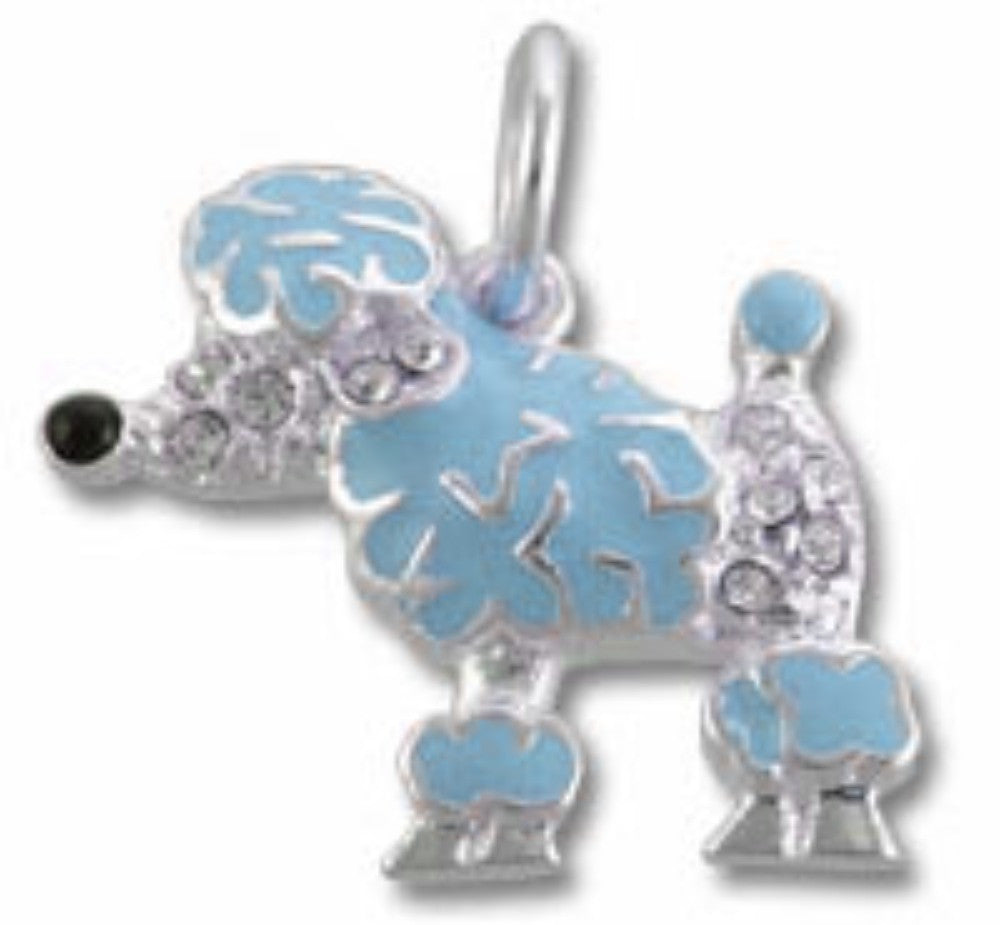 STERLING SILVER ENAMEL BLUE POODLE PENDANT WITH BLACK NOSE AND CRYSTAL ACCENTS