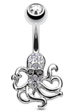 Belly Button Ring Crystal Paved Octopus Navel Rings 316L surgical Steel 14g 3/8'' - Goldtone