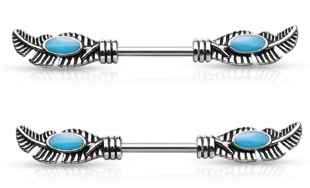 Nipple Ring Tribal Feather Turquoise Enamel Wing Barbell Sold as a pair